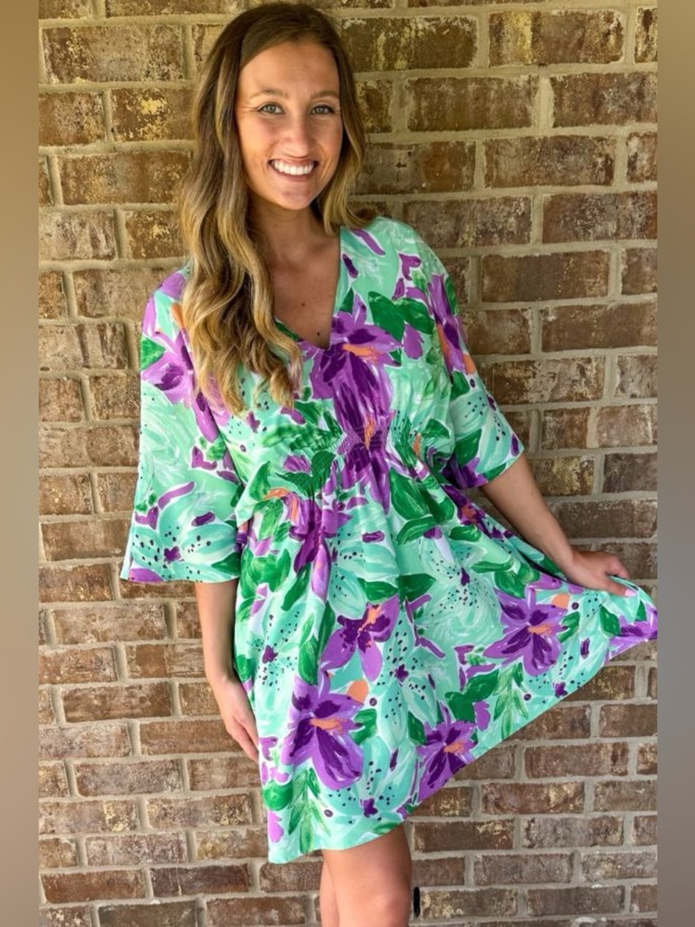 entro Mint Green Floral Dress with Purple Accents